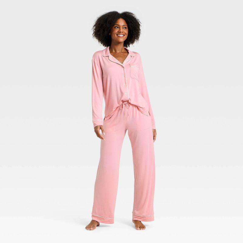 Women's Cloud Knit Modal Long Sleeve Notch Collar Top and Pants Pajama Set - Auden™ Pink M