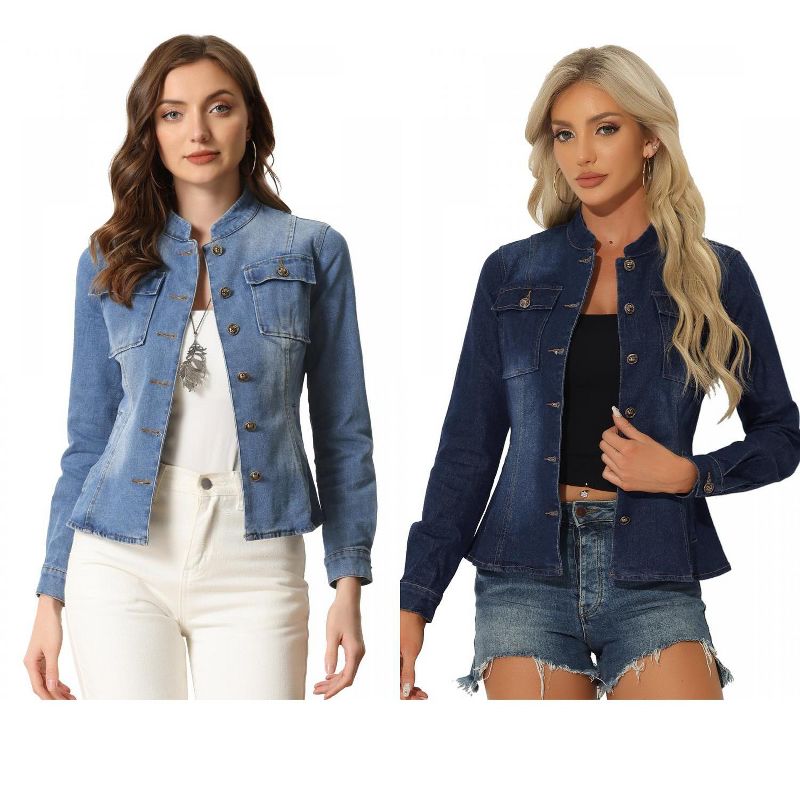 INSPIRE CHIC Women's Button Front Stand Collar Long Sleeve Jean Jackets with Pockets 2 Packs Blue/Dark Blue Small