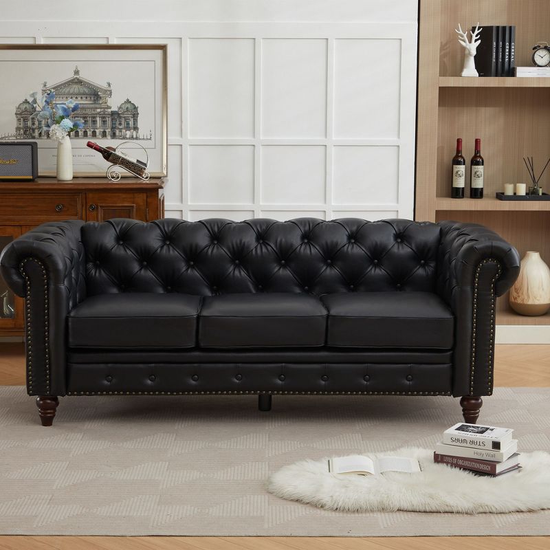 HYLEORY 84" Leather Chesterfield Sofas for Living Room, Rolled Arm 3-Seater Large Couch Deep Button Nailhead Tufted Couches for Office Apartment