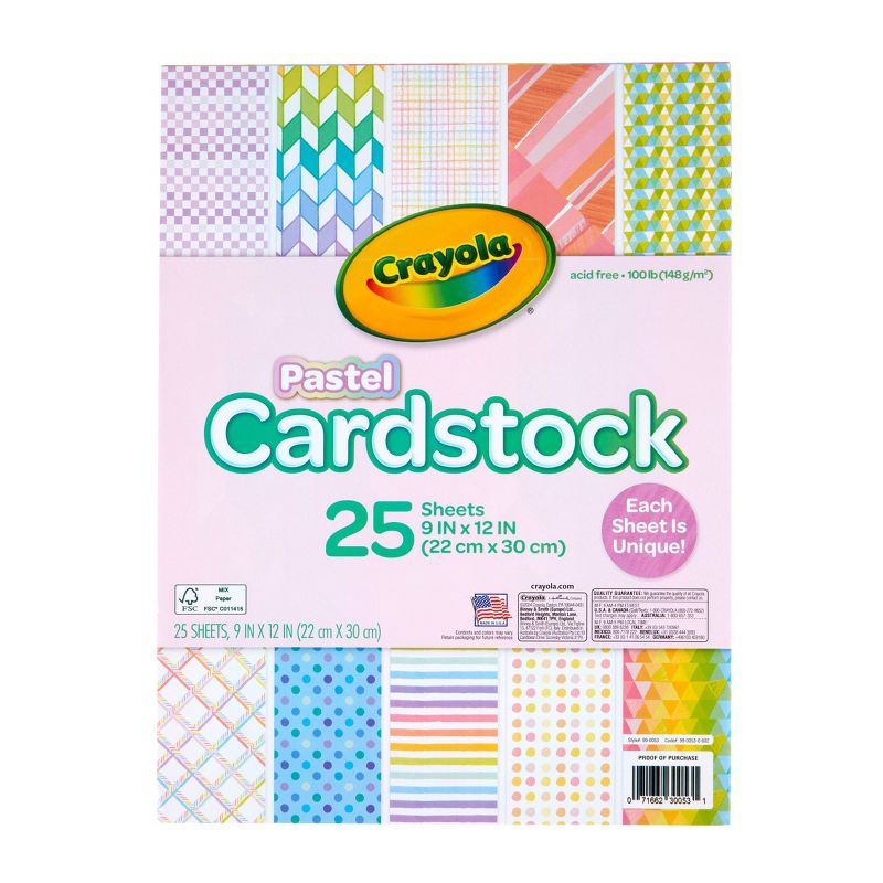 Crayola 25 Page Pastel Cardstock with Assorted Patterns: Multicolor Craft Paper, 9x12 Inches, Uncoated, 25 Sheets