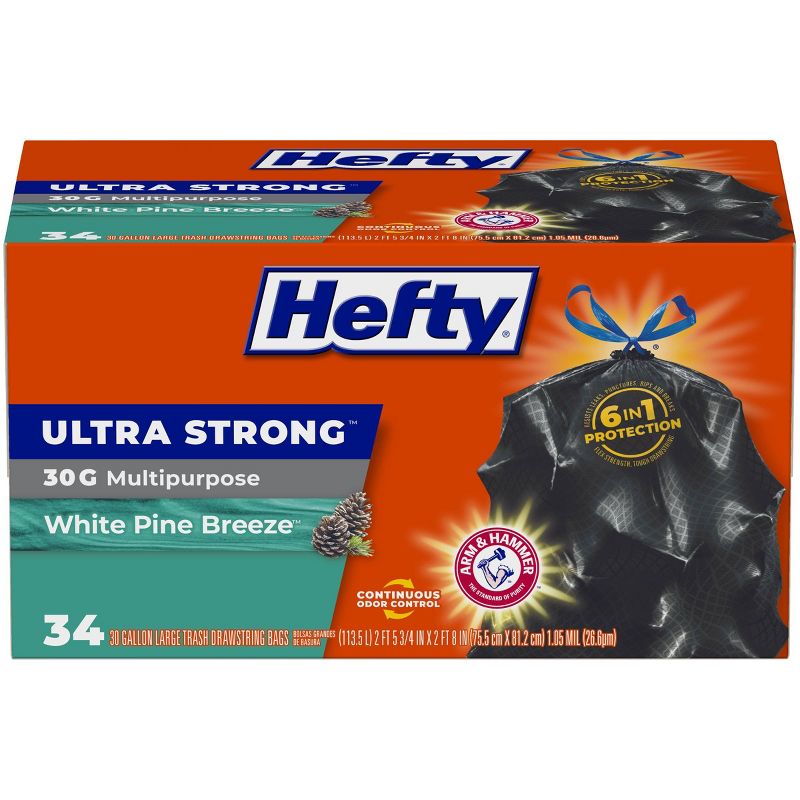 Hefty Ultra Strong White Pine Breeze Large Drawstring Trash Bags 30gal - Black - 34ct