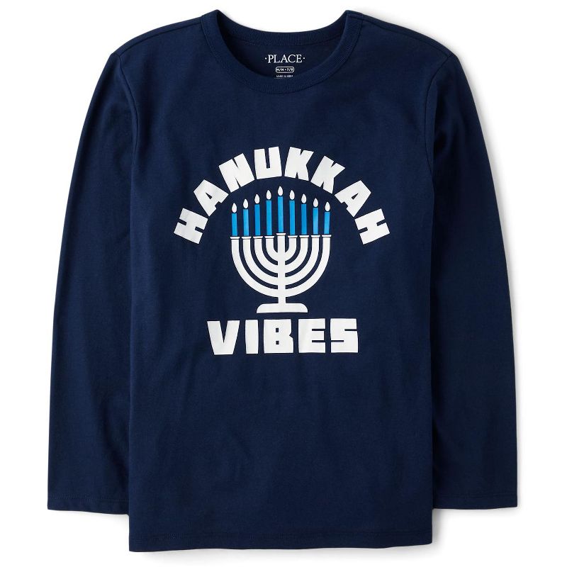 The Children's Place Boys Long Sleeve Glow Hanukkah Vibes Graphic Tee Blue M (7/8)