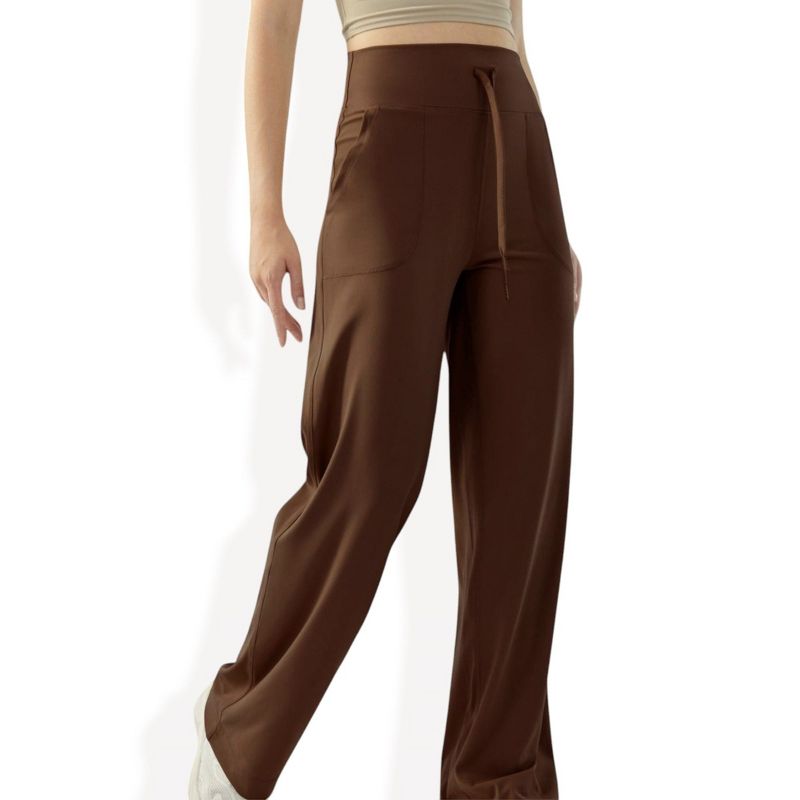 Anna-Kaci Active Women's High Waisted Wide Leg Lounge Pants with Drawstring and Pockets- Medium, Brown - Medium, Brown