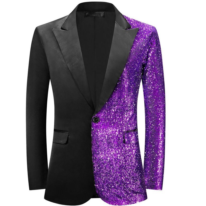 INSPIRE CHIC Men's Color Block Peak Lapel Wedding Sparkly Sequin Blazers Black Purple Small