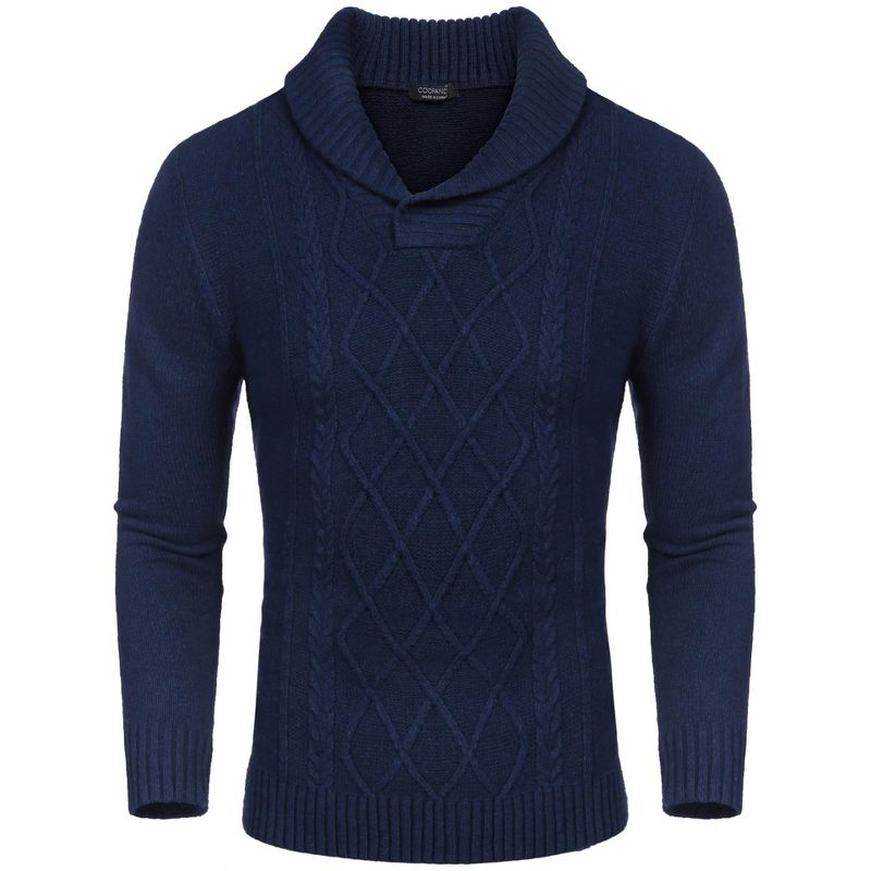 COOFANDY Men's Shawl Collar Sweaters V-Neck Relaxed Fit Cable Pullovers Blue S