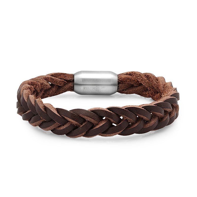 Steeltime Men's brown braided leather bracelet. Color Options: Black, Brown