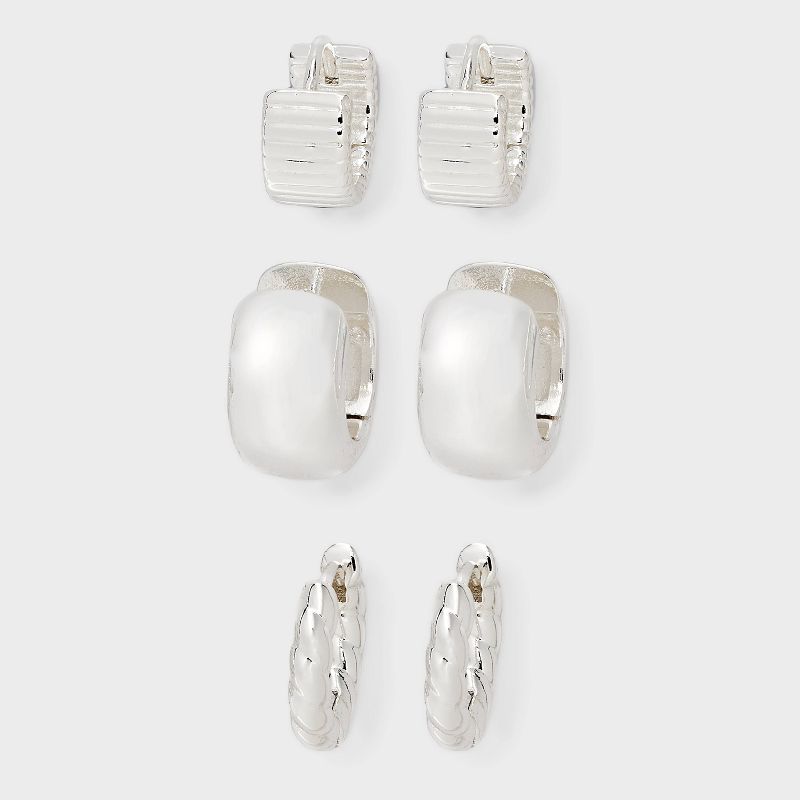 Silver Plated Texture Hoop Earring Set 3pc - A New Day™ Silver
