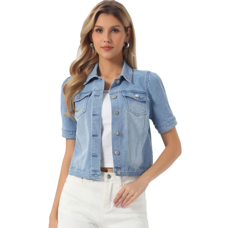 INSPIRE CHIC Women's Casual Short Puff Sleeves Button-Down Jean Denim Jacket Large Light Blue
