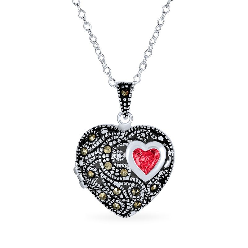 Bling Jewelry Keepsake Vintage Style Marcasite Red Garnet Heart Locket Necklace Sterling Silver Color - Red