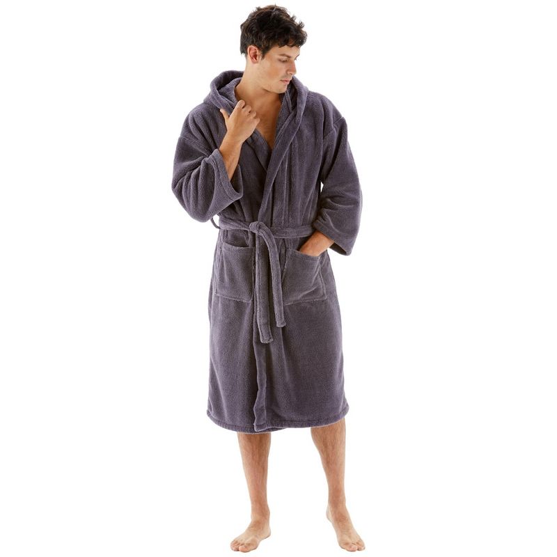 BC BARE COTTON Mens Hooded Robe Microfiber Plush Fleece Bathrobe - Gray - Large