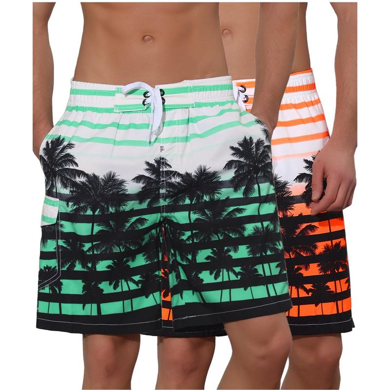 Lars Amadeus Men's Color Block Tropical Trees Printed Striped Beach Shorts 2 Pack Green/Orange 28