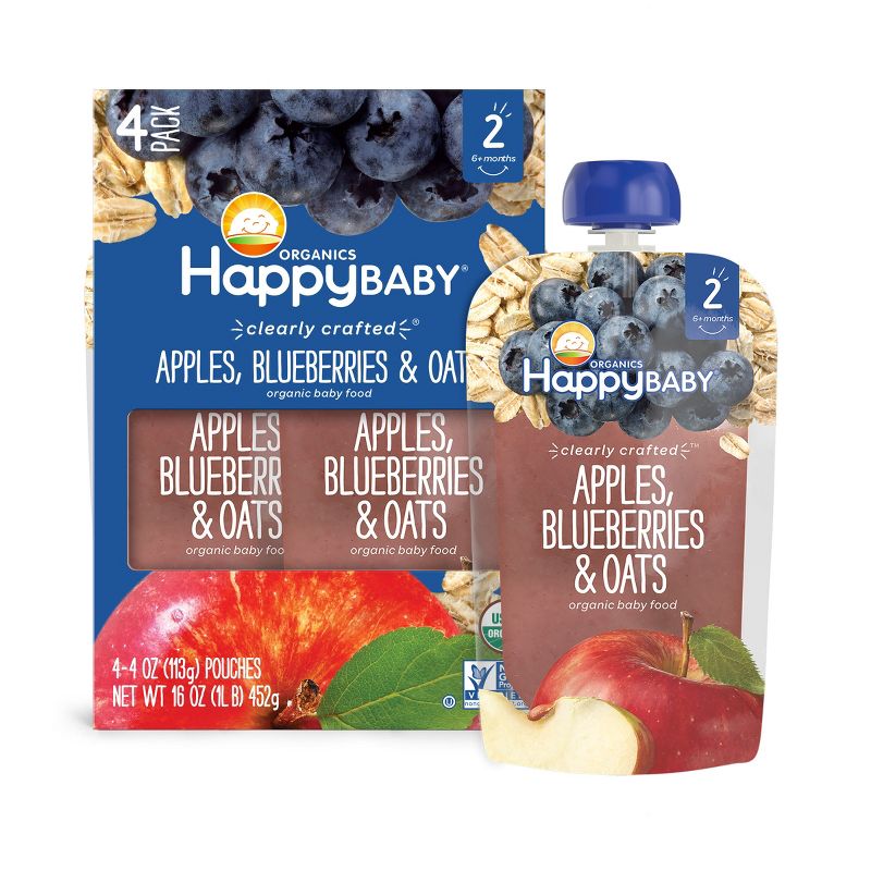 Happy Baby Organic Apples, Blueberries & Oats Baby Food Pouch - 4oz/4pk