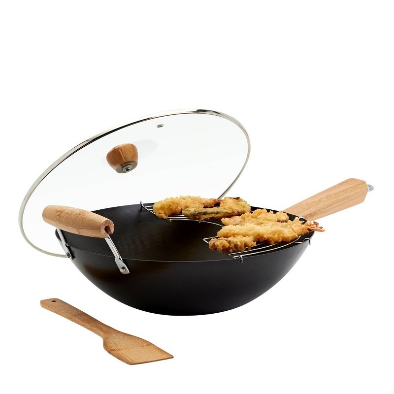 Infuse 4pc Wok Set: Aluminum Cookware, Gas & Electric Compatible, Includes Spoon & Storage Containers