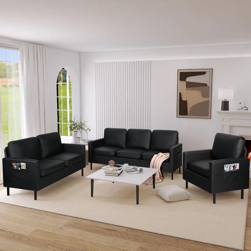 TYBOATLE 3-Piece Living Room Furniture Set with USB, Modern 3-Seat Couch, Loveseat & Accent Chair for Small Spaces – Black