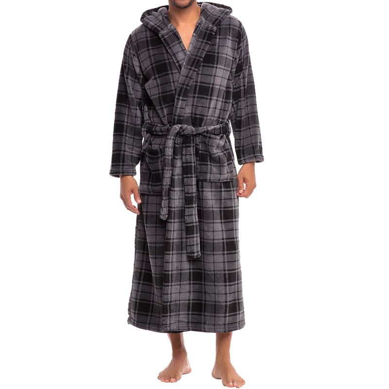 ADR Mens Robe, Plush Fleece Hooded Bathrobe Men, Men's Bathrobes, Big and Tall Bath Robe for Men Gray Plaid Medium