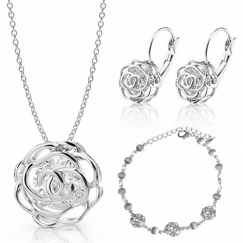 White Crystal Roses Set Necklace Earrings Bracelet for Wedding Bridesmaid Accessories Silver Standard