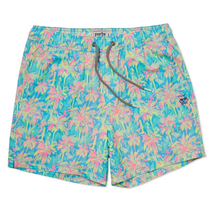Party Pants Men's Palmdale Swim Shorts - Light Blue XXL: 5 Inch Inseam, Mid Rise, Botanical Pattern