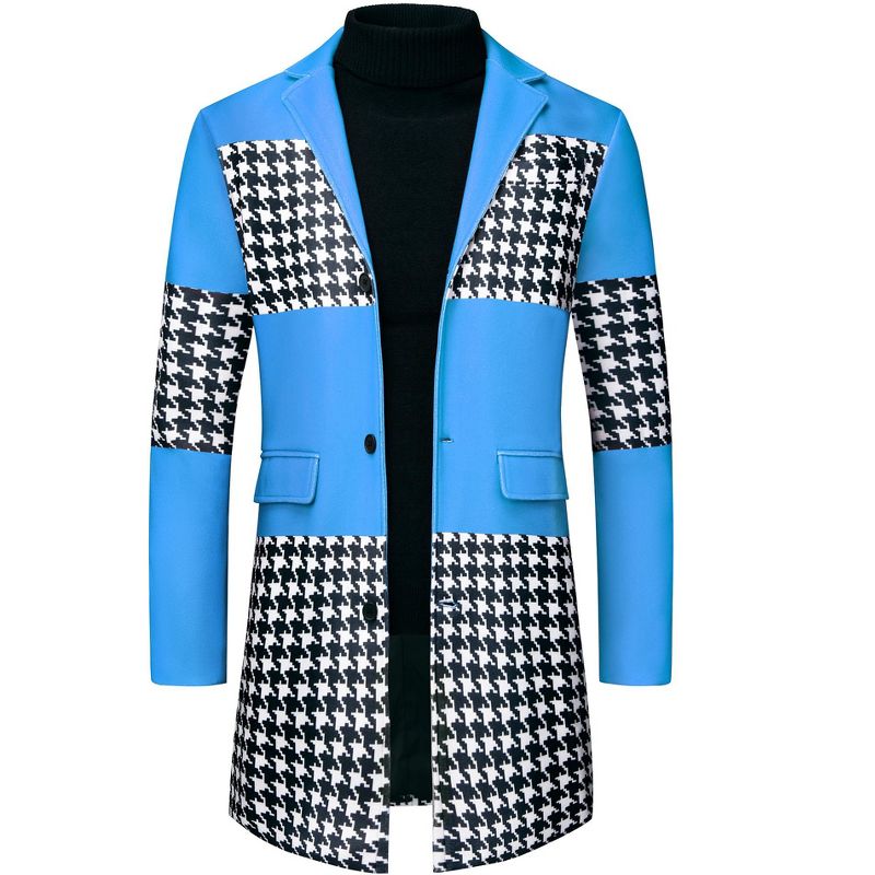 Lars Amadeus Men's Single Breasted Color Block Houndstooth Overcoat Blue Large