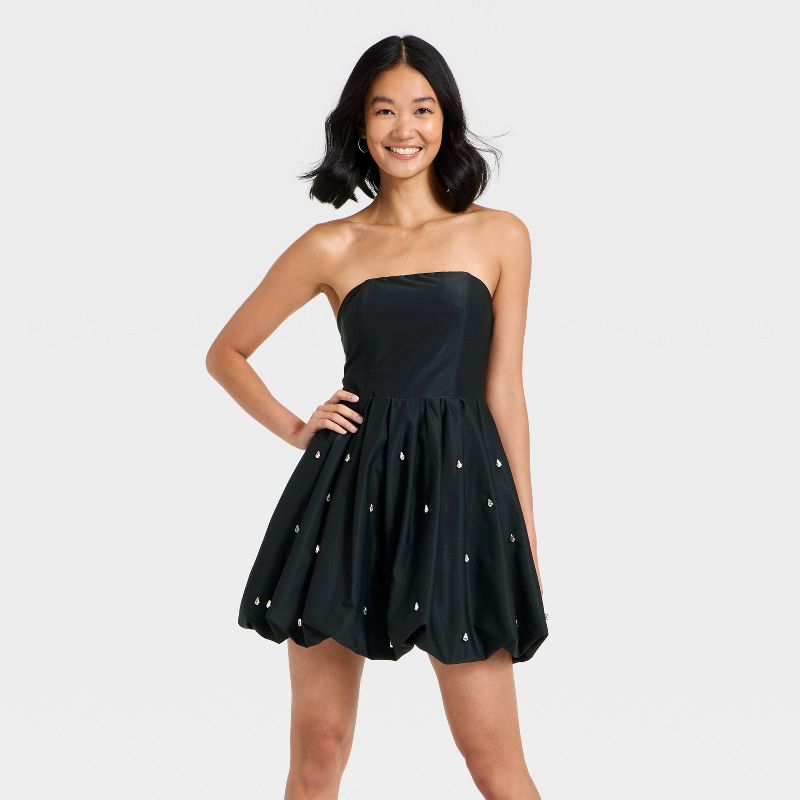 Women's Strapless Embellished Bubble Mini Dress - A New Day™ Black L