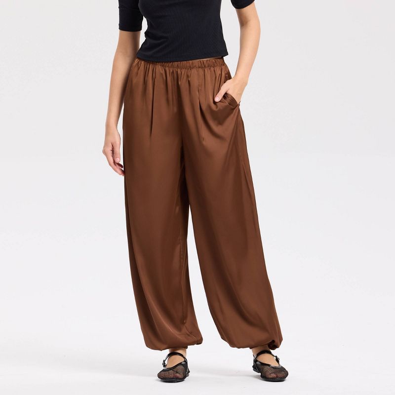 Women's High-Rise Satin Twill Balloon Pants - A New Day™ Brown XL