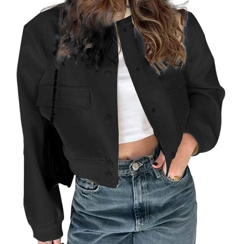 Womens Jackets Stand Collar Long Sleeve Pocket Casual Jacket Coat Black M