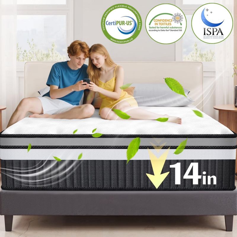 Mattress Clearance, 14 Inch Queen Mattress - Cooling Gel Memory Foam & Pocket Springs, CertiPUR-US Certified, Pressure Relieving, Motion Isolation