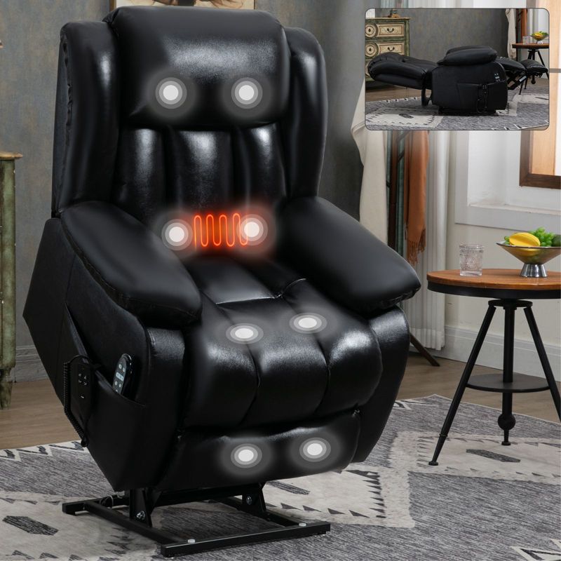 PAGED Power Lift Recliner Chair, Massage Chair with Lumbar Heating and Side Pocket, Leather Accent Chair for Bedroom, Living Room Furniture, Black
