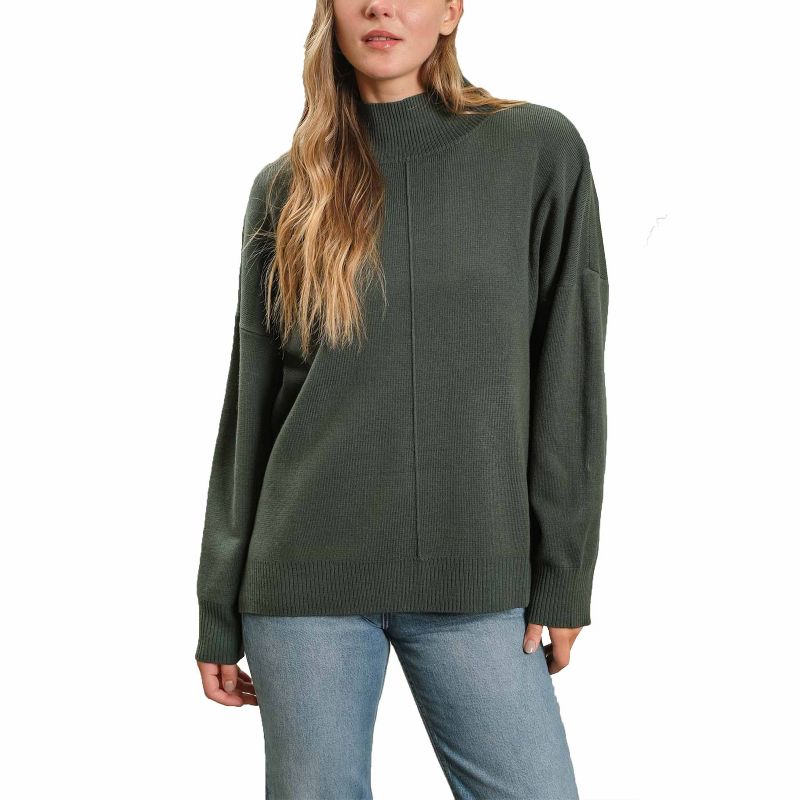August Sky Women's Rib Trim Pullover Sweater, Dark Green, Small