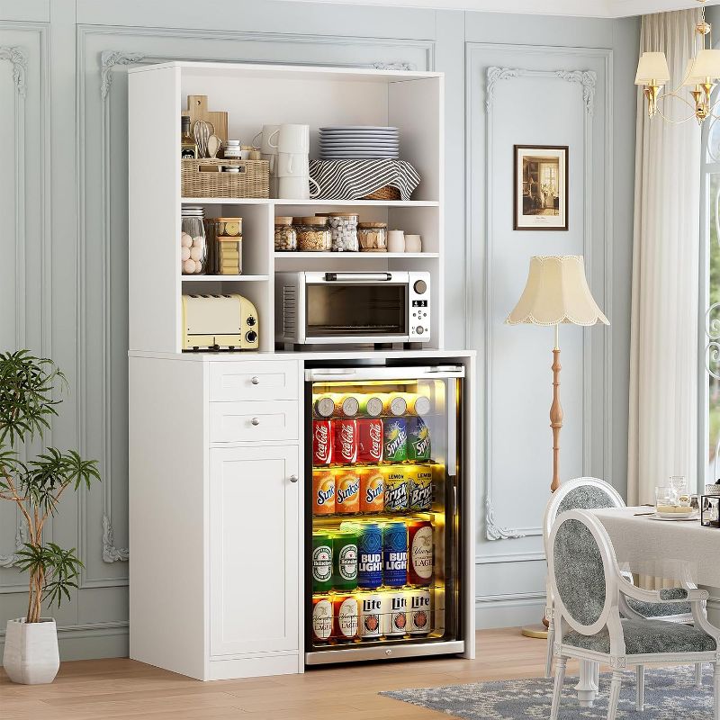 PAKASEPT Fridge Cabinet with Storage, Coffee Bar Cabinet with Mini Fridge Space & Power Outlet, Microwave Cabinet with Storage,Beverage Station