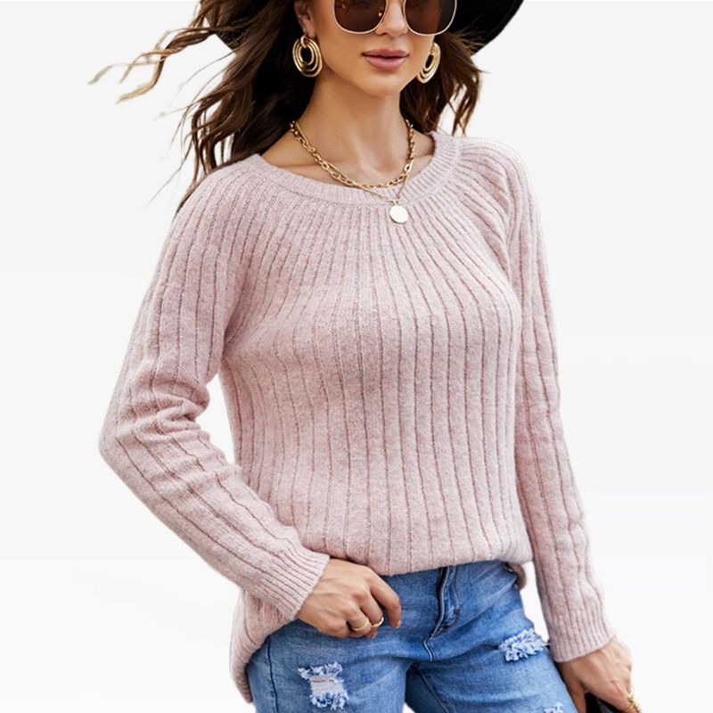 Women Fall Tops Pullover Sweaters Rib Texture Soft Knitwear with Crew Neck 2025 Trendy Back Strap Tie Pullovers Elegant Jumper, Pink - XL