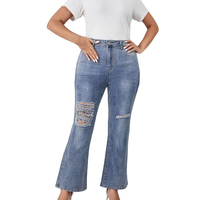 Women's Plus Size Ripped Bell Bottom Jeans Bootcut Mid Rise Stretchy Cut Out Denim Flare Jeans Blue 3XL