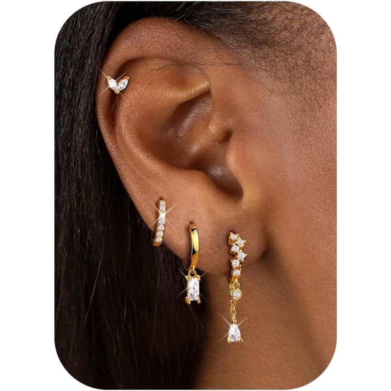 Gold Plated Dangle Earring Stack Set - Hypoallergenic Huggie Hoops & Studs, Dainty Stainless Steel Jewelry G-Dangle One Size