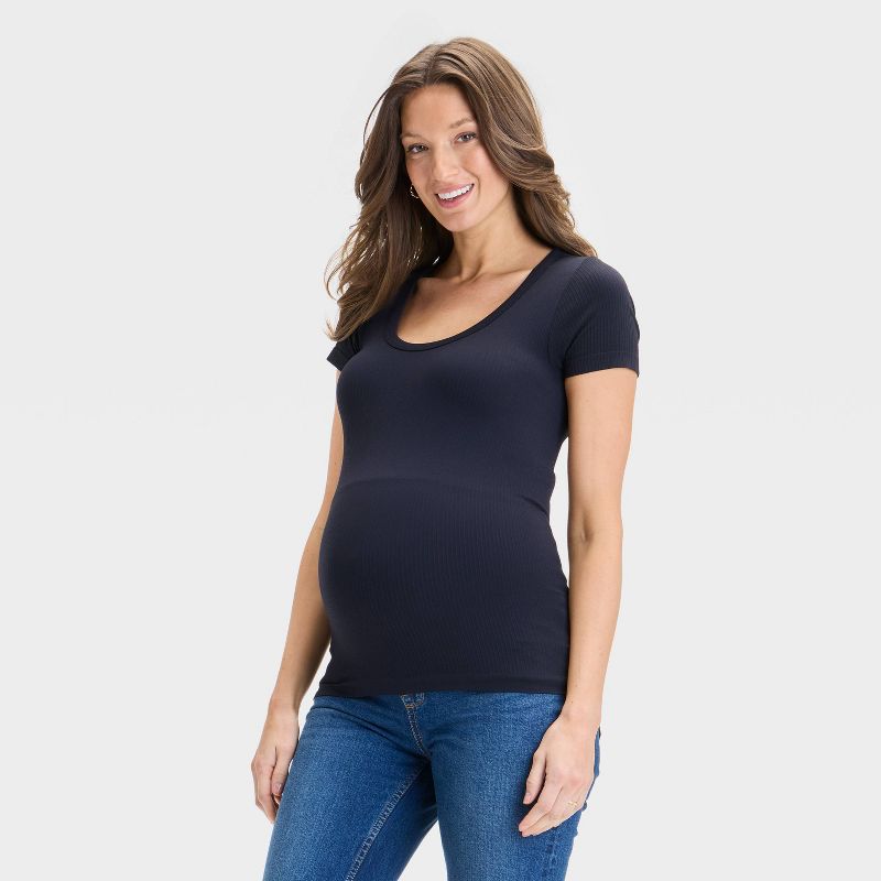 Short Sleeve Ribbed Seamless Maternity T-Shirt - Isabel Maternity by Ingrid & Isabel™ Black XL: Lightweight Pullover Crew Neck