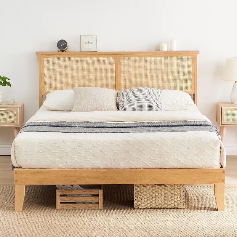 King Size Bohemian Platform Bed Frame with Natural Rattan Headboard Wooden Legs LED Lights