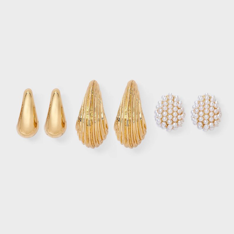 Hoop and Pearl Earring set 3pc - A New Day™ Gold