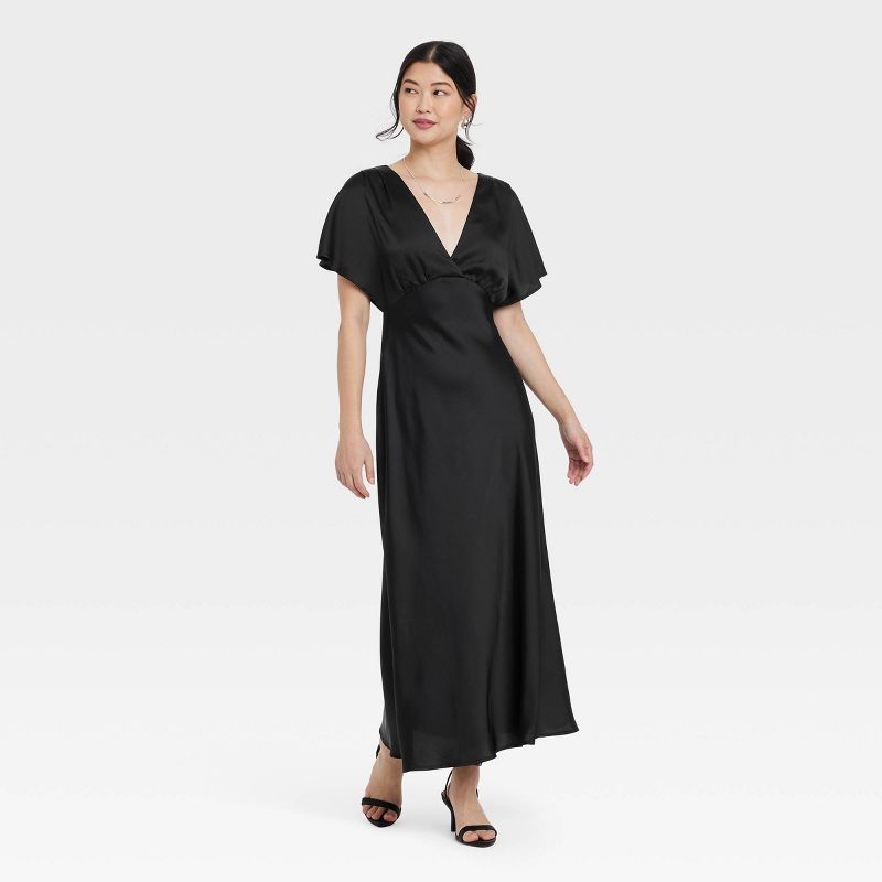 Women's Satin Flutter Short Sleeve Maxi A-Line Dress - A New Day™ Black L: V Back, Deep V Neck, Woven, Midweight