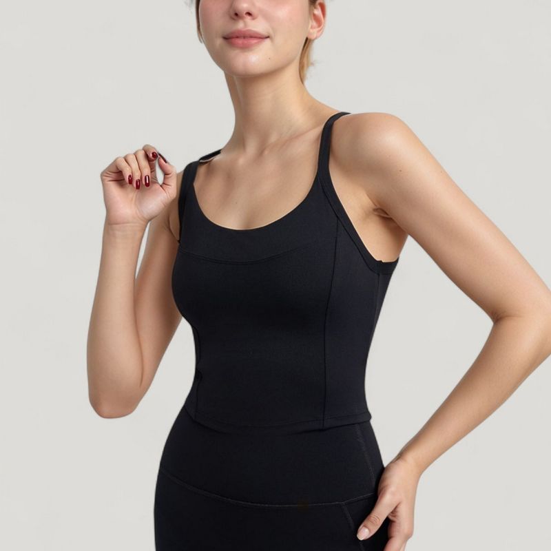 Anna-Kaci Active Women's Strappy Back Longline Activewear Tank Top with Scoop Neckline and Built-In Bra Support - Small, Black