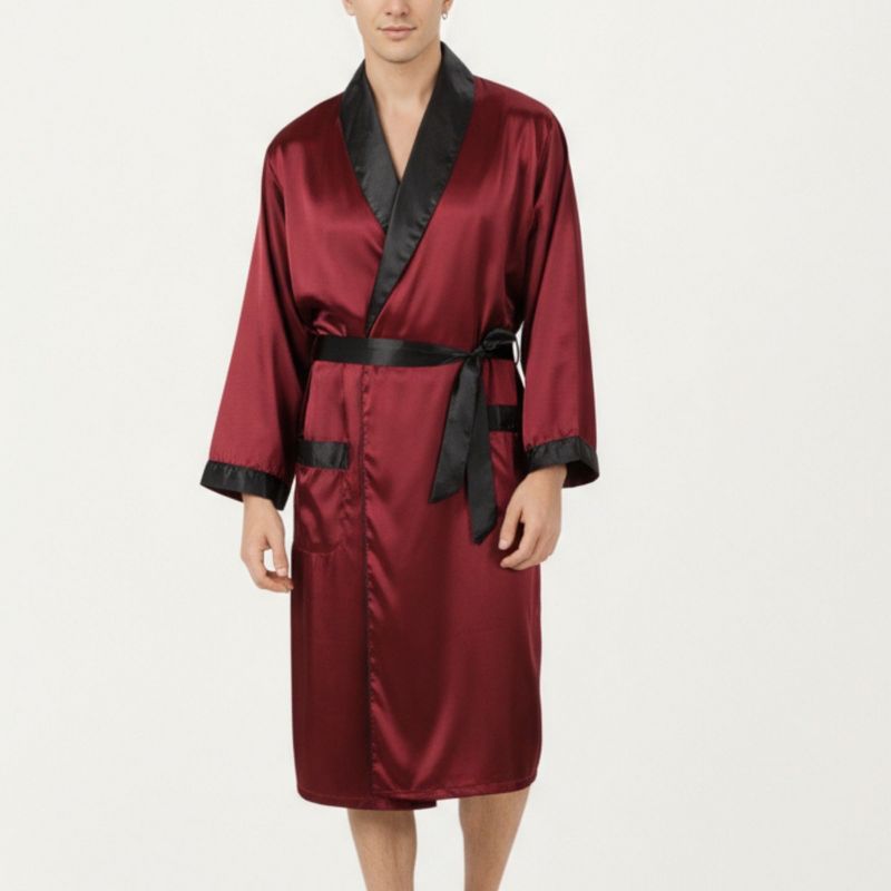 Anna-Kaci Lounge Men's Satin Robe with Contrast Shawl Collar Waist Tie and Front Pockets- Large, Burgundy