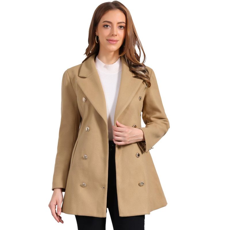 Allegra K Women's Winter Overcoat Notch Lapel Double Breasted Coats Medium Khaki