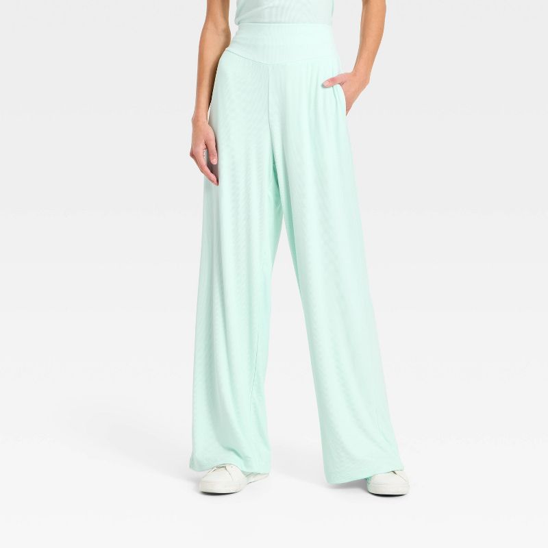 Women's Rib-Knit High-Rise Wide Leg Pants - All In Motion™ Mint Green XS