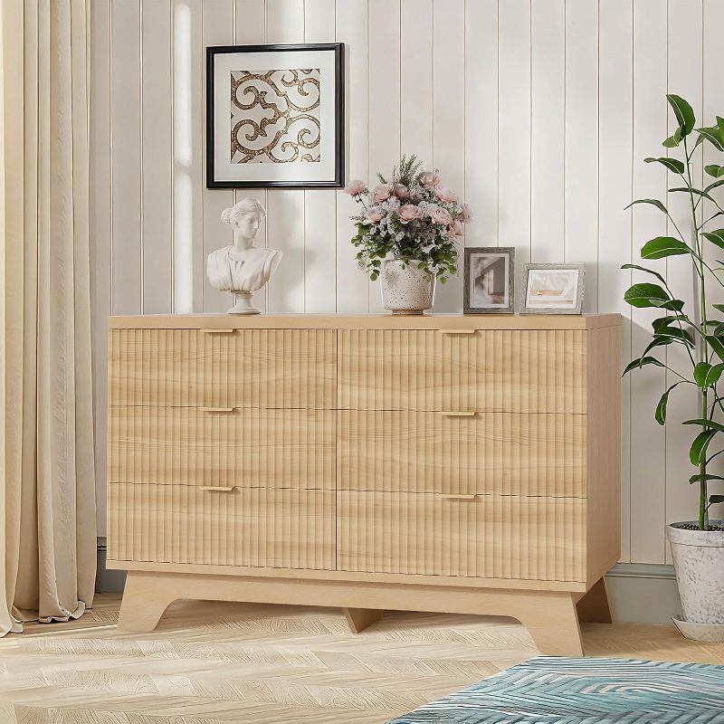 Acekool 6 Drawer Fluted Dresser Natural Oak Curved Storage Cabinet for Bedroom Living Room Entryway