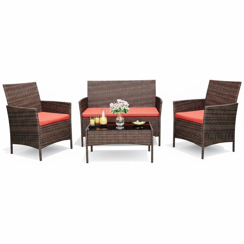 4-Piece Outdoor Wicker Seating Set with Loveseat, 2 Chairs & Glass Table, Cushioned Rattan Patio Furniture for Porch or Garden, Brown Rattan
