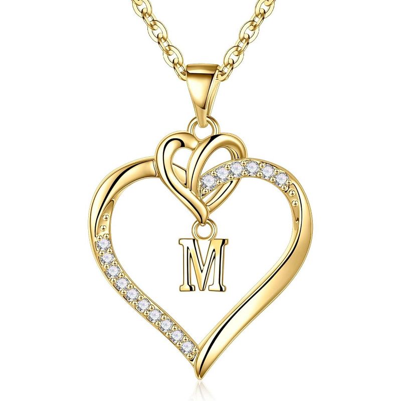 14K Gold Plated Heart Initial Necklace with CZ Accents for Women and Teens Gold M