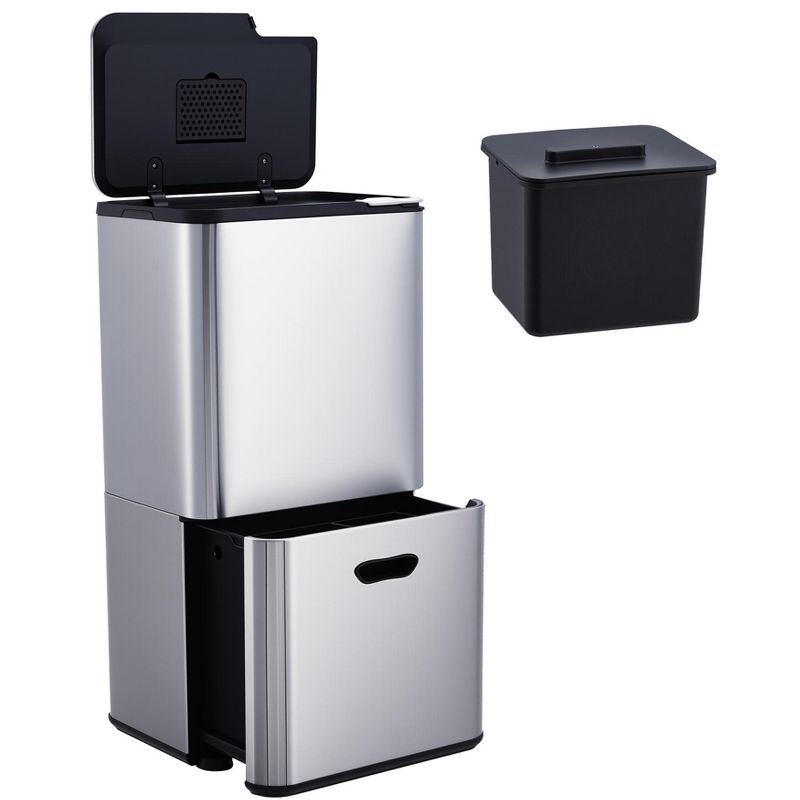 16 Gal Kitchen Trash Can, Stainless Steel Dual Compartment Recycling Bin with Food Waste Caddy, Plastic Inner Bucket and Odor Filter, Silver