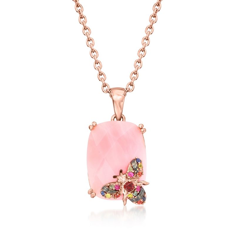 Ross-Simons Pink Opal Bumblebee Pendant Necklace With .10 ct. t.w. Multicolored Sapphire and Garnet Accent in 18kt Rose Gold Over Sterling Size 18