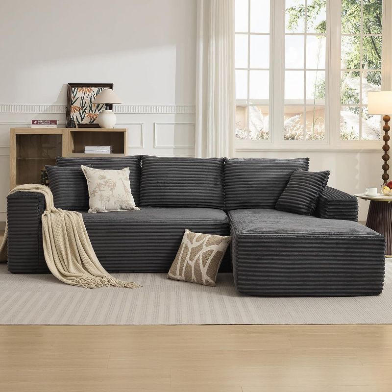 GOCAPTAIN 108'' L-Shaped Modular Sectional Sofa, Deep Soft Boneless Seat, Right Chaise, Living Room Furniture, Dark Gray, Corduroy | Lie on Right Side