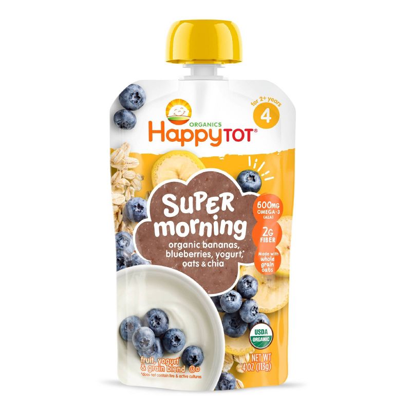Happy Tot Super Morning Organic Bananas, Blueberries Yogurt, Oats & Chia Toddler Pouch - 4oz
