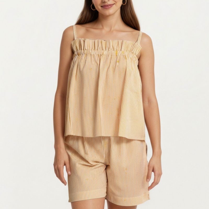 Anna-Kaci Lounge Women's Striped Pajama Set with Ruffle Trim Cami Top and Casual Fit Shorts - Large, Yellow