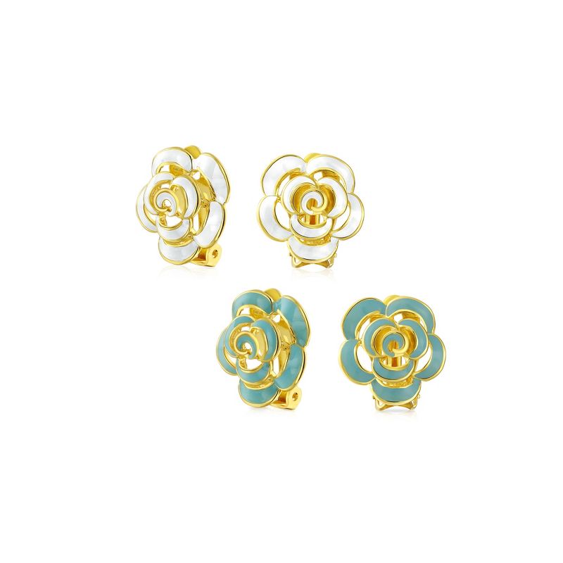 Bling Jewelry Set of 2 Enamel 3D White Blue Rose Flower Clip-On Earrings Button Style Gold Silver Plated