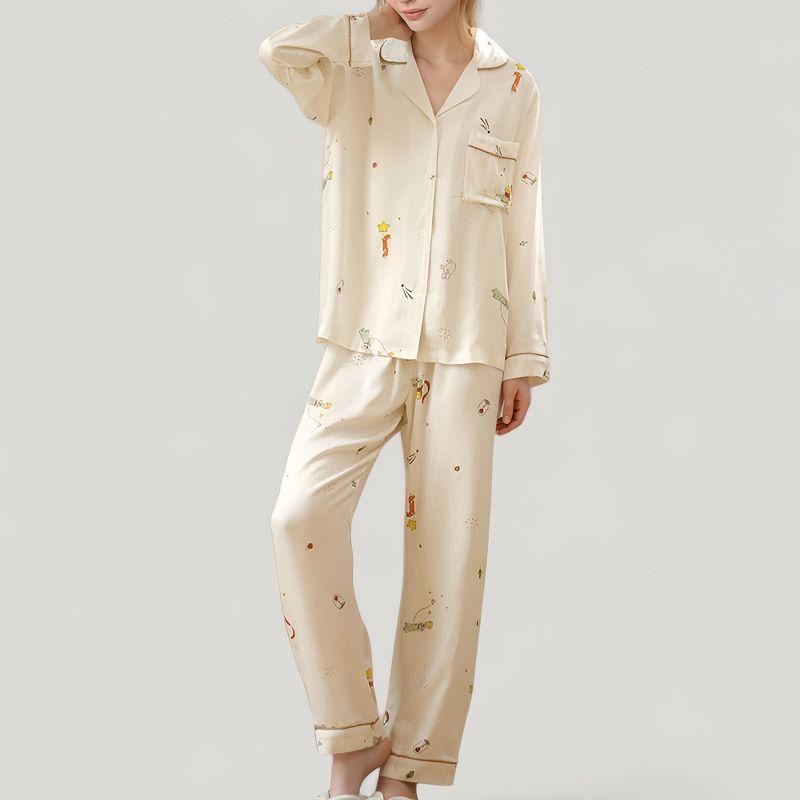 Anna-Kaci Lounge Women's Button-Down Two-Piece Pajama Set with Allover Whimsical Print and Chest Pocket - Small, White